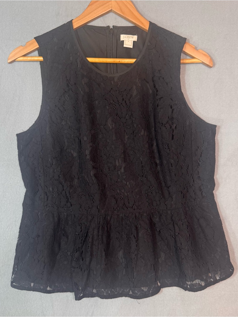 J.Crew Black Lace Peplum Top Size 8 Sleeveless Floral Lace Lined Career Party
